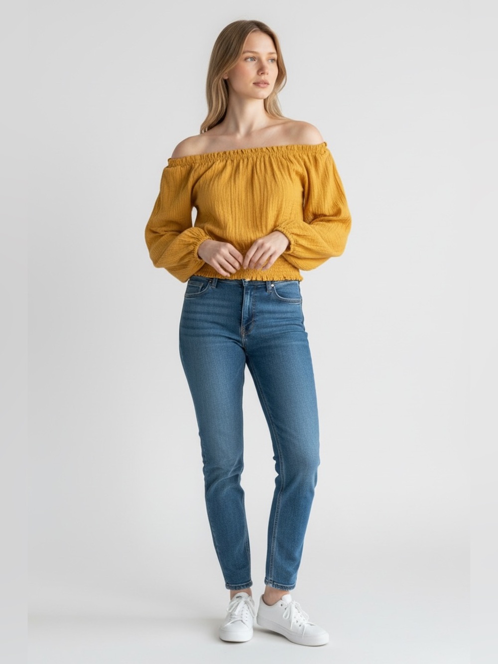 Kensie Off The Shoulder Bohemian Puff Sleeve Women’s Ochre Crop Top Sz S NWT